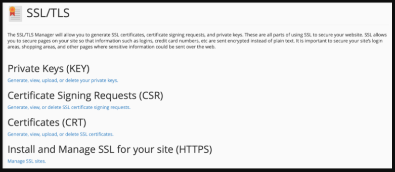 The SSL/TLS choice in cPanel.