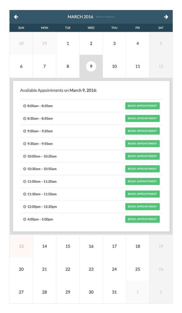 Booking appointment calendar created via Booked plugin for WordPress