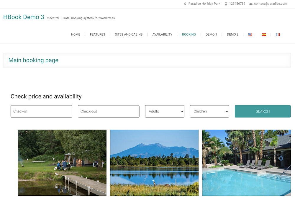 Dedicated search form for campsite booking created via HBook plugin