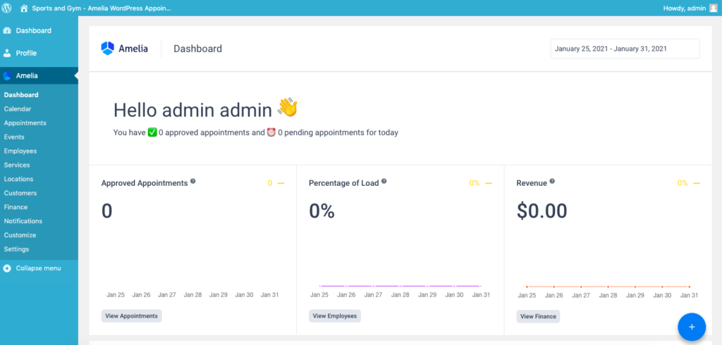 Site admin viewing appointments and statistics in dashboard via Amelia