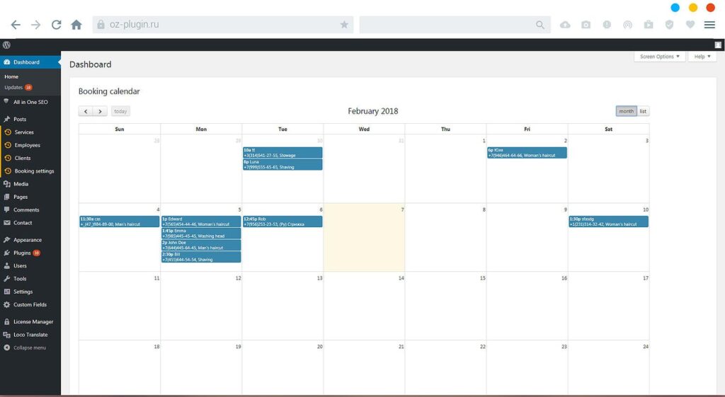 Site admin viewing booking calendar in dashboard via Book Appoinment Online PRO